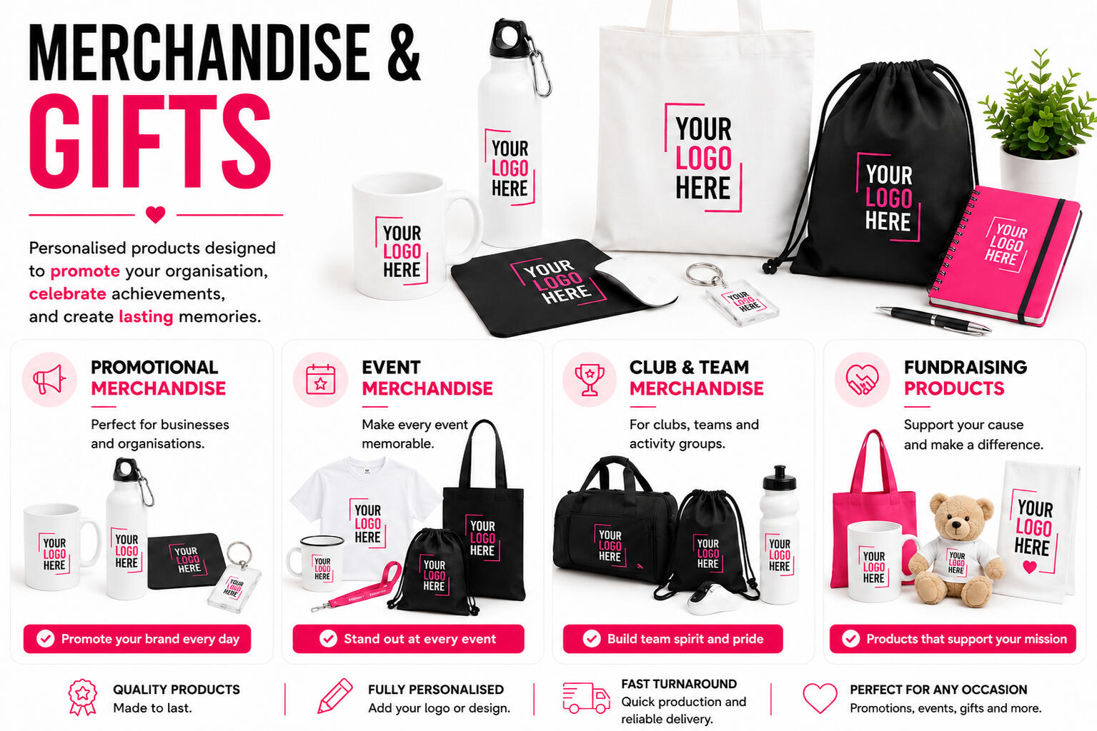 Personalised merchandise, promotional products and branded gifts including mugs, tote bags, notebooks, keyrings, drawstring bags and fundraising items for businesses, clubs, schools and events.